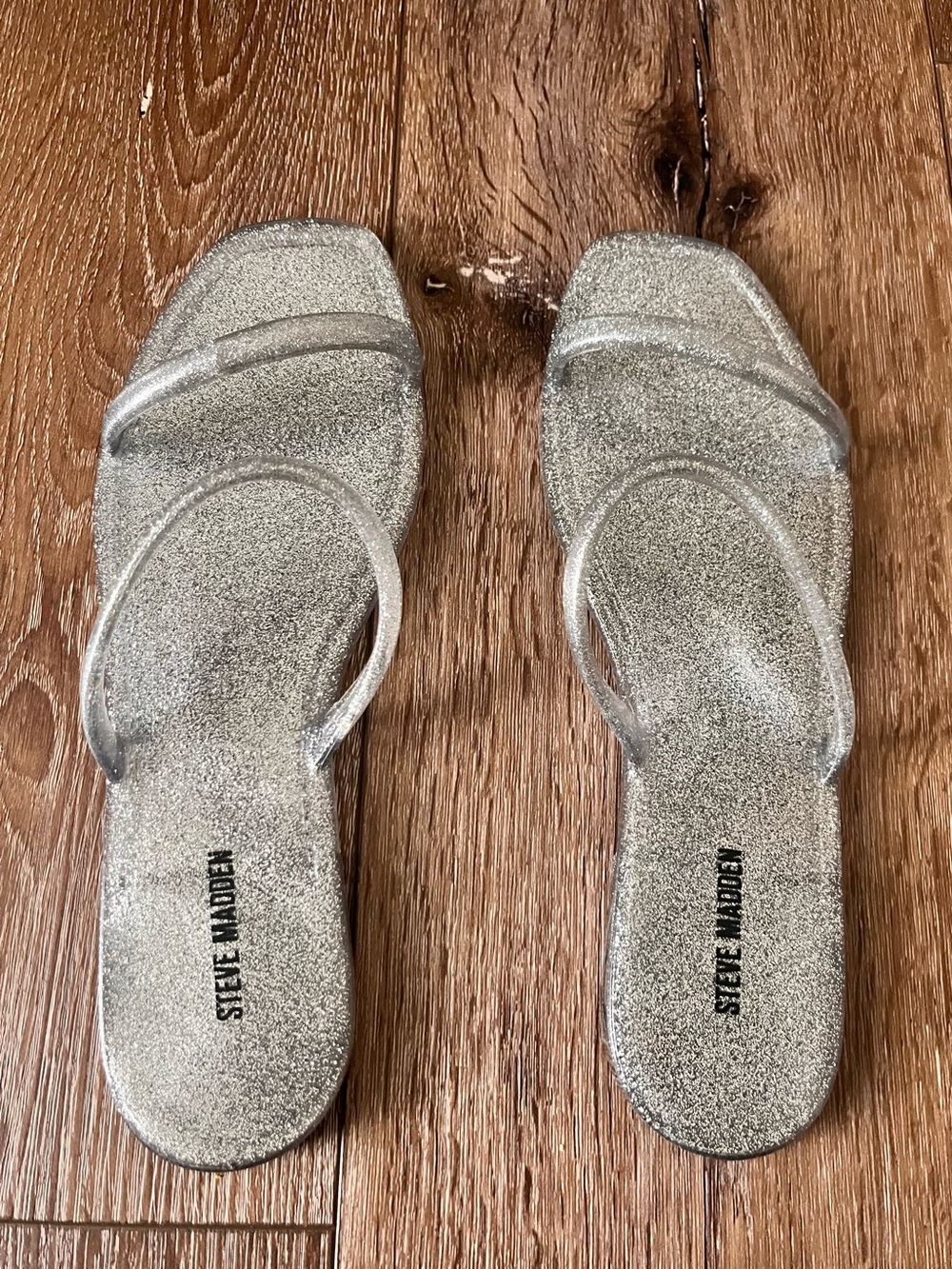 Steve Madden Silver Glitter Two-Strap jelly Slide Sandals